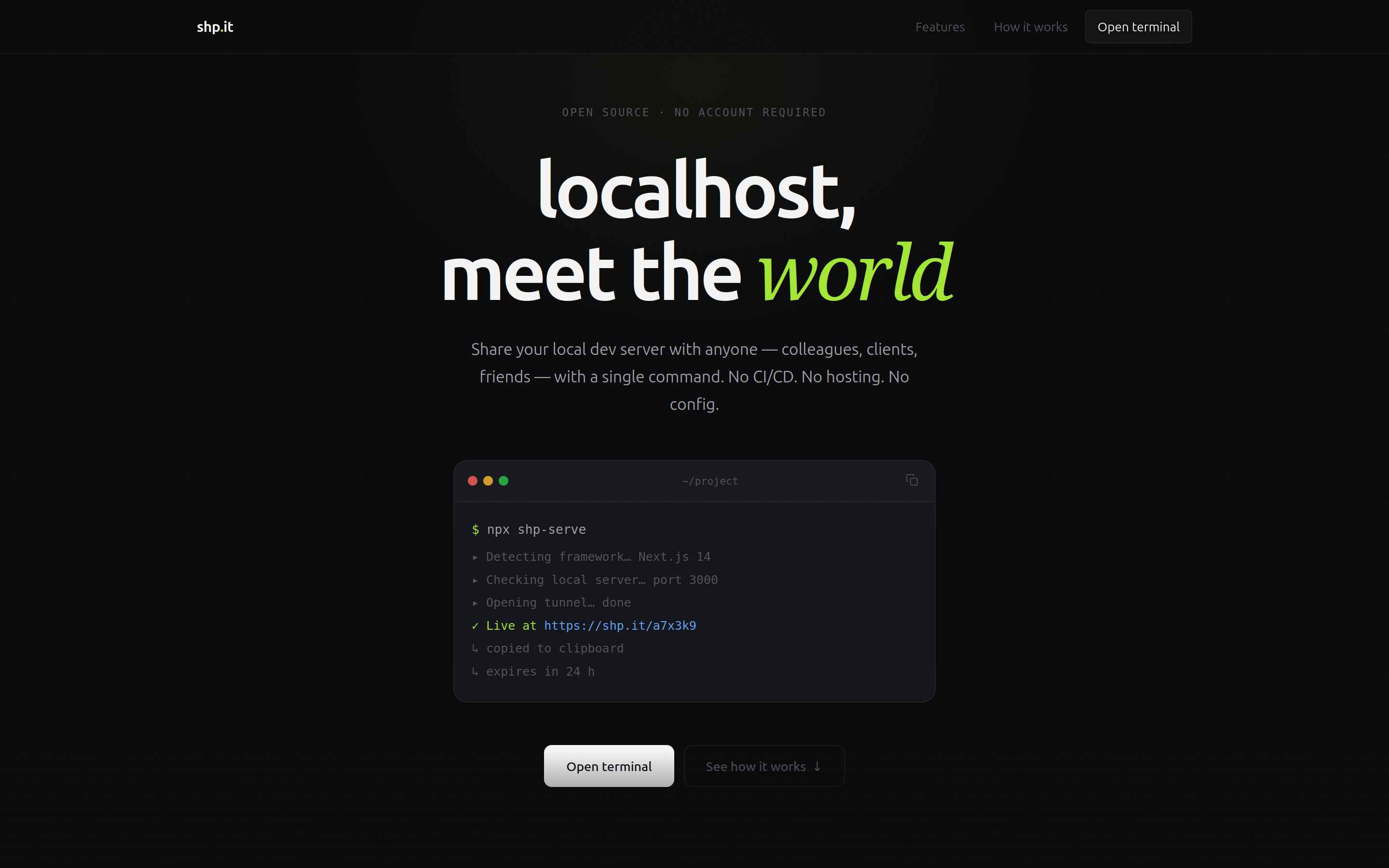 shp.it hero section showing 'localhost, meet the world'